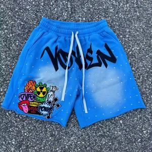 Shorts pour hommes en coton 100% avec imprimé vintage délavé à l'acide, strass, séchage rapide, taille tricotée, streetwear décontracté, cordon de serrage tendance - Product Image 5