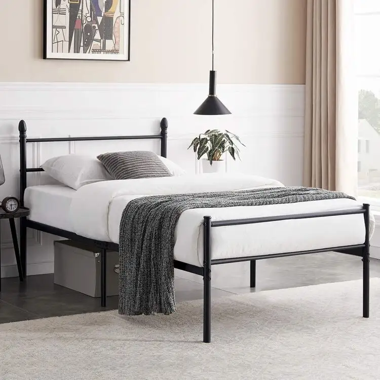 Negro moderno de tamaño completo de metal cama de plataforma de diseño simple