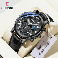 CHENXI 973 Montre Homme en Cuir à Quartz de Luxe, Calendrier d'Affaires Phases de Lune Chronographe Étanche