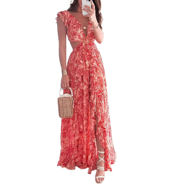 New Style Women Party Dresses Sexy Deep V-Neck Maxi Dress Ruffles Slits Paisley Pattern High Waist Printed Long Skirt Breathable