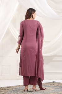 Women Cotton Silk <b>Sequins</b> Embroidered Straight Kurti <b>Pant</b> Dupatta Set | Round-Neck | 3/4 Sleeves | Traditional Ethnic Wear - Product Image 3