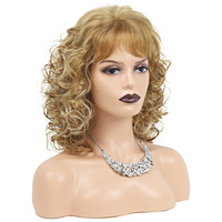 Perruque bouclée mi-longue synthétique VERA Premium, fabriquée à la machine, sans colle, pour femme, avec frange, style européen et américain, volumineuse, en gros