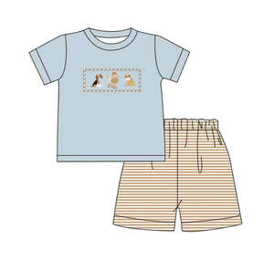 Venta al por mayor bebé niña niños nuevo diseño perro apliques bordado raya ropa conjunto niños personalizado verano fruncido ropa - Product Image 4