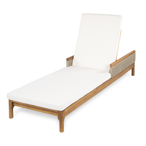 Chaise longue d'extérieur moderne en bois d'acacia massif <span class=keywords><strong>de</strong></span> luxe avec coussins <span class=keywords><strong>beige</strong></span> gris clair, cadre en osier gris clair <span class=keywords><strong>de</strong></span> 76,8 pouces, pour piscine - Product Image 2