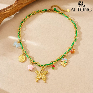 Collar de Acero Inoxidable con Flores Coloridas y Mariposas con Efecto de Goteo de Aceite, Envuelto <span class=keywords><strong>en</strong></span> Cuerda Verde, para <span class=keywords><strong>Vacaciones</strong></span>, Nuevo y <span class=keywords><strong>en</strong></span> Oferta - Product Image 3