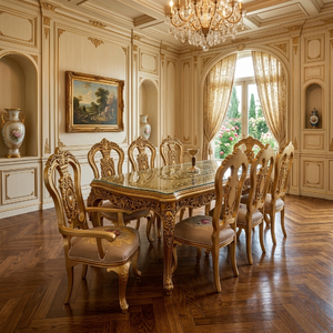 Luxury Royal Antique Teakwood Gold Dining <b>Table</b> Set Round 8 Seater Premium Dining Room Furniture - Product Image 3