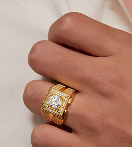 Men's Yellow <b>Gold</b> Plated Moissanite <b>Cocktail</b> <b>Ring</b> Round Brilliant Cut Geometric Design Pave Setting Luxury Style - Product Image 5