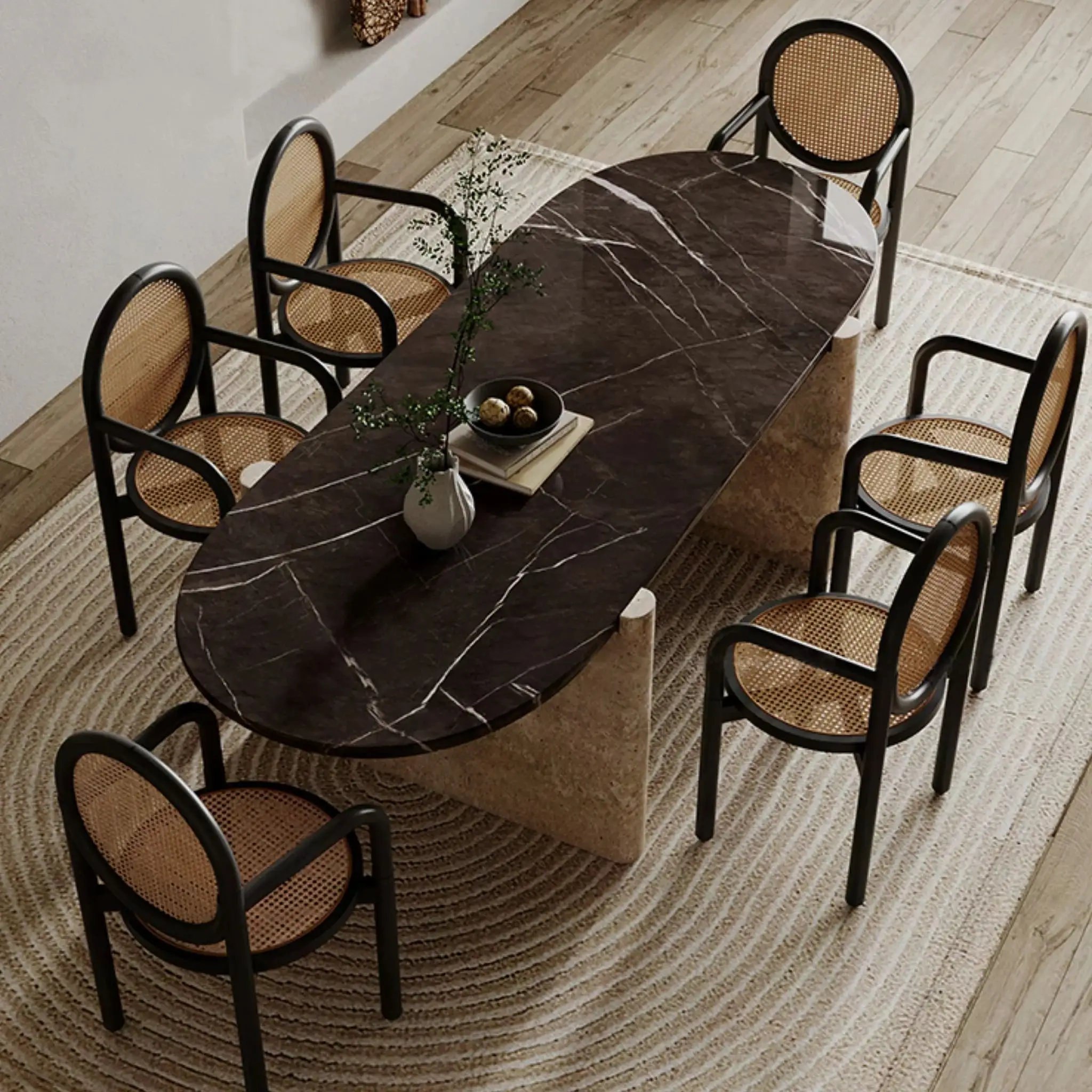 SHIHUI Customized Luxury Dining Room Furniture Modern Natural Oval Marble Travertine Dining Table 6 Seater