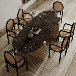 SHIHUI muebles de comedor de lujo personalizados mesa de comedor de mármol travertino ovalado Natural moderno de 6 plazas