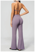 Ensemble de yoga deux pièces OEM écologique en Spandex/Nylon, col halter en V, taille haute, couleur unie, avec soutien-gorge et leggings évasés, respirant et à séchage rapide