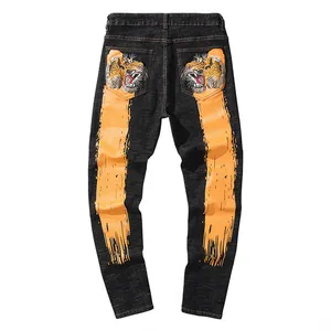 Liluo Men's Tiger Embroidery Jeans Streetwear Painted Slim Pencil Denim Pants Trendy Black Trousers