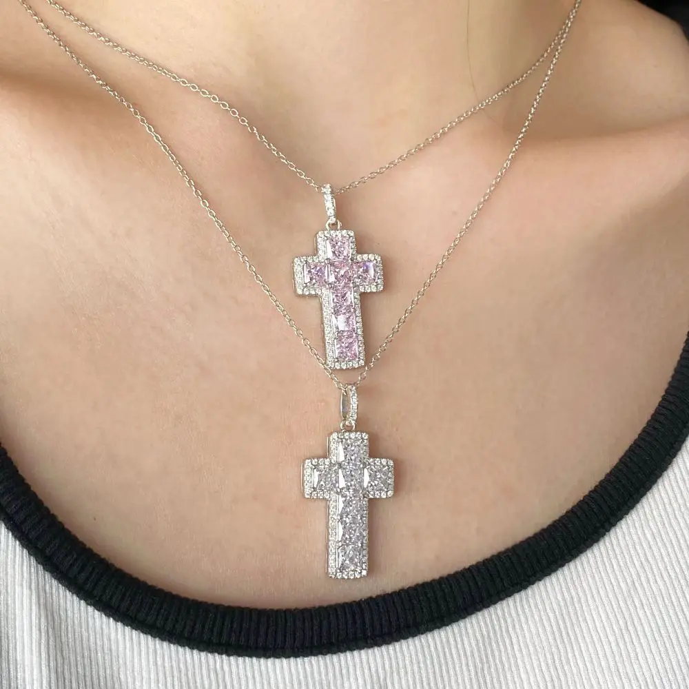 Factory Wholesale Hip Hop Jewelry 925 Sterling Silver Iced Out 5aaaaa Princess Cut Cubic Zirconia Cz Cross Pendant Necklace