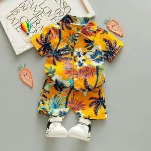 Nieuwe Stijl Baby Jongens Zomer Fancy Print Shirts Pak Peuter Jongens Bloem Shirt Met Korte Broek Vakantie Kleding Set