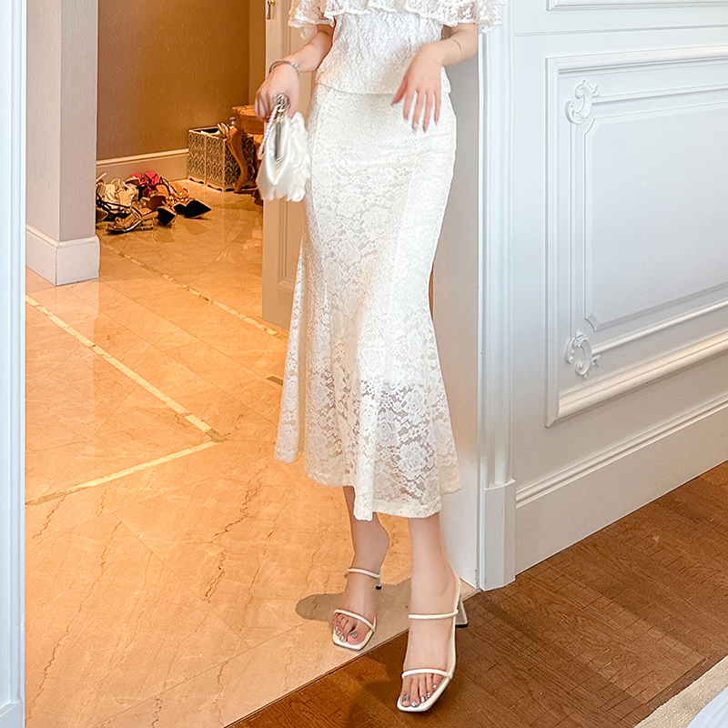 ワンピース A FERRETTI Women Long Skirts J042716190001 White ZYHT 20409 Women Elastic Waist Slim Tight White Lace Mermaid