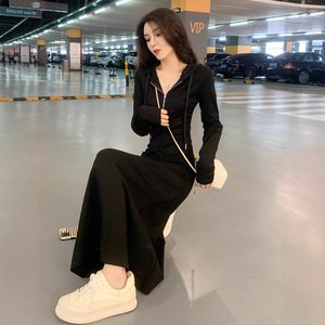 Hooded Long Dress Black Elastic Waist Zipper Solid Color Casual Daily Wear Women's Plus Size Sweatshirt Dress - Product Image 2