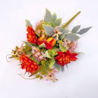 Bouquet de dahlias artificiels en forme d'éventail avec verdure mélangée, bouquet de fleurs en soie pour décoration funéraire, cimetière, tombe, monument commémoratif