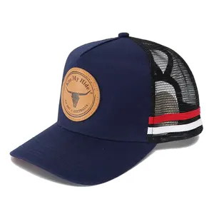 5 Panel Customize Embroidery Logo trucker caps with Under Brim AUS printings with pony tail back mesh back and 2 side stripes