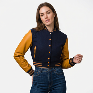 Chaqueta Varsity para Mujer, Color Azul Marino, Cuerpo de Punto, Mangas de Cuero Sintético Color Mostaza, Cierre de Botones, Largo Corto, Ropa de Otoño - Product Image 1