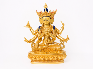 Statua Artigianale in Ottone di Ushnishavijaya, Angelo Buddista Tibetano a Tre Volti e Otto Braccia, Scultura per Altare del Tempio - Product Image 1