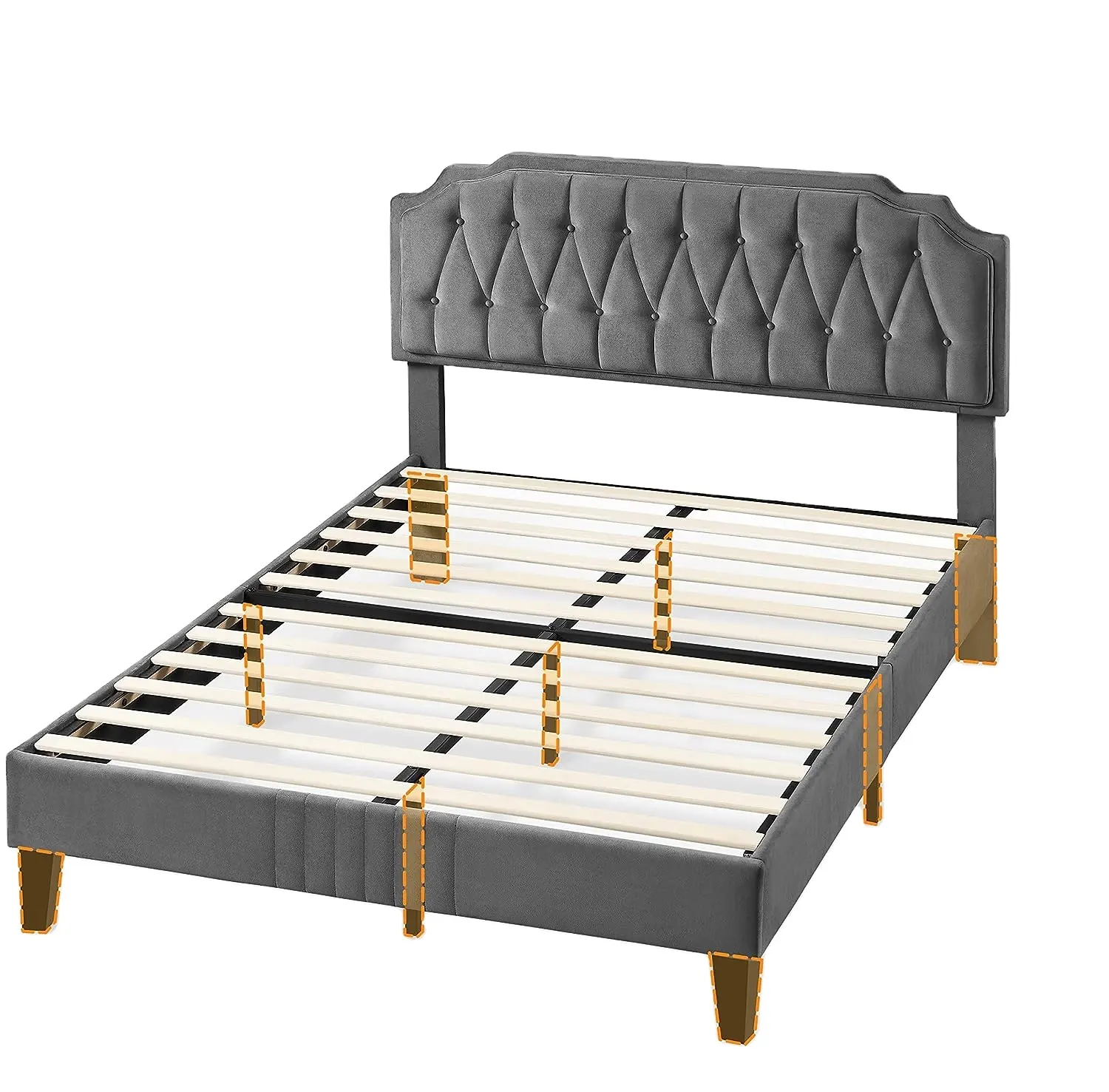2023 new model Queen Size Bed Frame, Velvet Upholstered Platform Bed with Curved Headboard