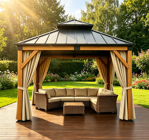 Gazebo di Lusso in Cedro Naturale con Tetto Rigido in Metallo a Doppia Ventilazione, Impermeabile, Protezione UV, Resistente al Vento, Tende per la Privacy, per Balcone - Product Image 2
