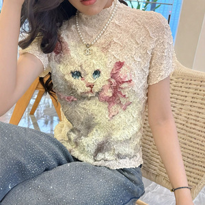 PY 2026 Sweet Elegant Style Pleated Mock Neck Cat Print <b>Top</b> Western Clothing Women Bulk Wholesale Online - Product Image 1