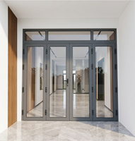 Porte d'entrée double battante moderne en alliage d'aluminium gris avec fenêtre vitrée, haute sécurité pour maison