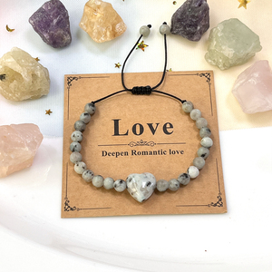 Bracelet Bohème Cœur en Jaspe <span class=keywords><strong>Kiwi</strong></span> Gris, Énergie Positive, Méditation, Réglable, Bijou Spirituel Perlé, <span class=keywords><strong>Carte</strong></span> Cadeau - Product Image 1