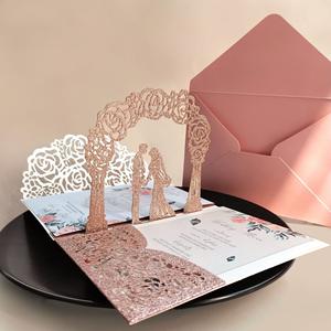 Cartes d'invitation de mariage personnalisées découpées au laser 3D en papier écologique avec ruban fait main et enveloppes pour la fête des mères - Product Image 1