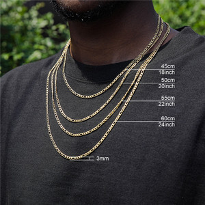 Cadena de Oro Chapado de 3 mm, 18, 20, 22, 24 Pulgadas, Estilo Hip <span class=keywords><strong>Hop</strong></span>, Collar de Cadena Figaro de Acero Inoxidable para Hombre y Mujer - Product Image 3