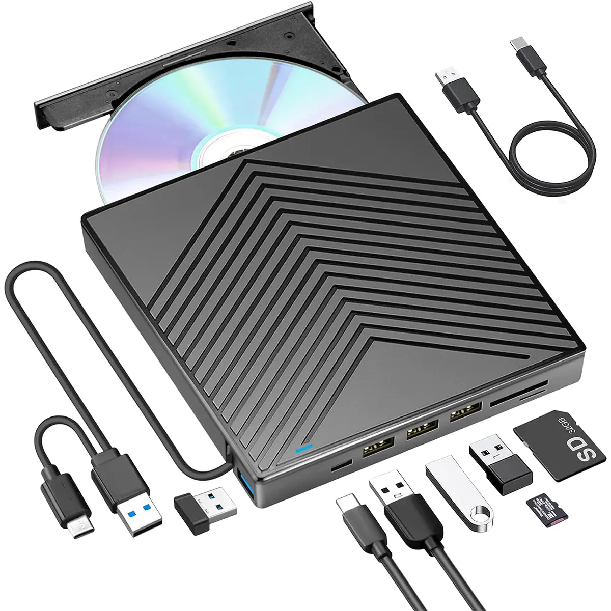 כונן cd חיצוני dvd +/-rw עם קורא כרטיס SD יציאות USB, usb 3.0 USB-C CD dvd דיסק Rom dvd דיסק נייד עבור מחשב נייד