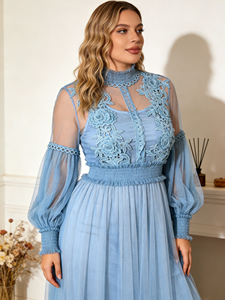 Plus Size French-Style Beige Lace Casual A-Line Tea-Length Dress with Lantern Sleeves and O-Neck Collar <b>Nylon</b> <b>Fabric</b> Summer - Product Image 1