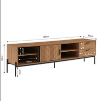 Meuble TV moderne en bois brun de haute qualité pour salon avec 2 tiroirs, 2 portes coulissantes, 2 compartiments ouverts, pieds en métal noir