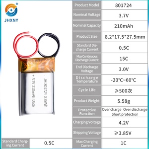 Grosir baterai <span class=keywords><strong>lithium</strong></span> <span class=keywords><strong>ion</strong></span> polimer tinggi kapasitas sel dan Putaran dalam untuk mainan RC 801724 3.7V 210mAh <span class=keywords><strong>15c</strong></span> - Product Image 6