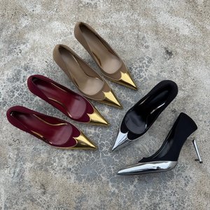 Escarpins à bout <span class=keywords><strong>pointu</strong></span> pour femmes avec embout métallique, chaussures à talons hauts bicolores patchwork, bordeaux, or, marron, argent, noir - Product Image 1