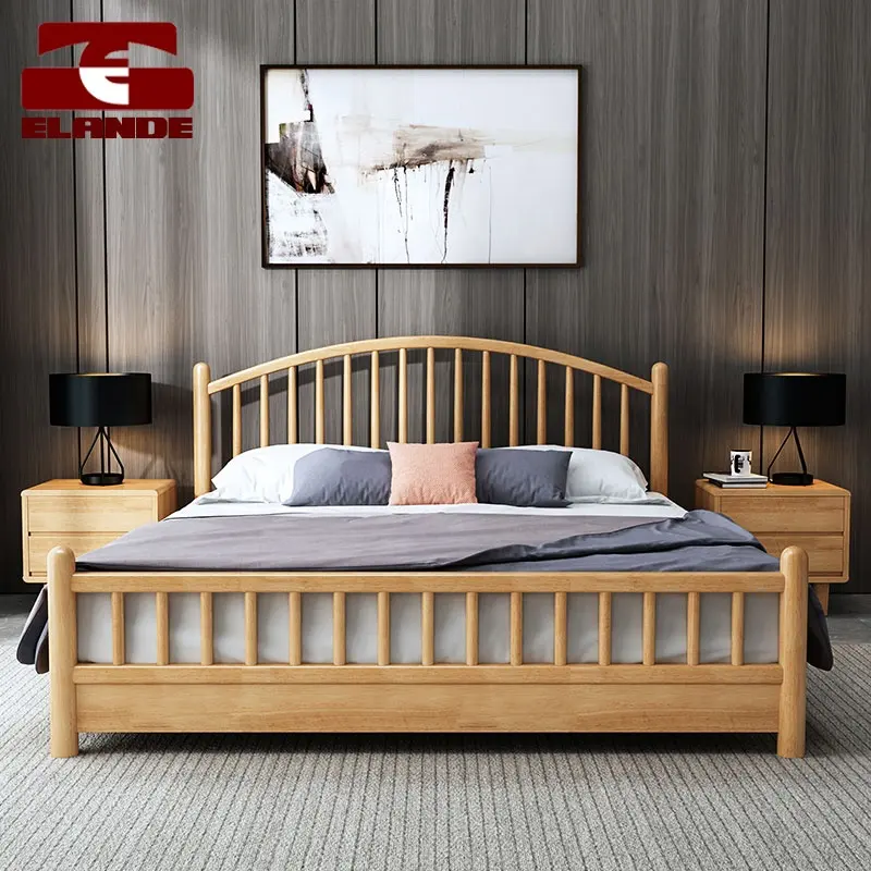 Tempat Tidur Kayu Padat Nordic, 1.5 Meter 1.8 Meter Sederhana Tempat Tidur Ganda Bingkai Kayu Solid Set Mebel Kamar Tidur