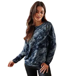 ODM FTY Custom Made Women Clothes Manufacturer High Quality Boat Neck Drop Shoulder Marble Print Fleece Knitted Tunic Top Womens