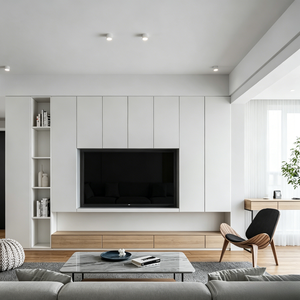 Console <span class=keywords><strong>TV</strong></span> personnalisable de style Japandi avec armoires blanches, base en <span class=keywords><strong>bois</strong></span> flottante <span class=keywords><strong>et</strong></span> niche <span class=keywords><strong>TV</strong></span> intégrée - Product Image 3