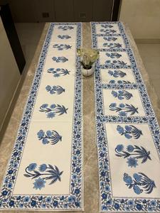 Classic <b>Blue</b> Hand Block Dining Table <b>Runner</b> + Mat Set | 7 Pcs 100% Canvas Cotton Fabric Table Decor Set for Home and Dining - Product Image 1