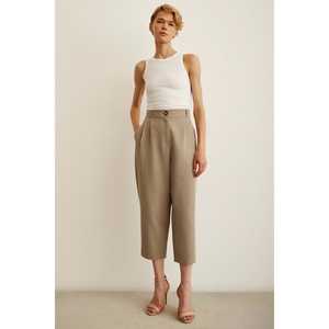 Pantalon plissé double devant kaki coupe droite taille haute longueur courte pour femme - Product Image 3