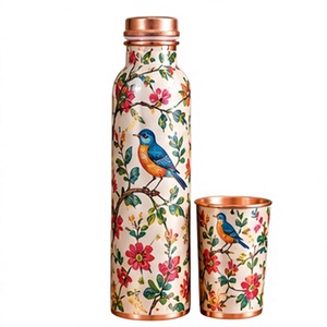 Artistic Floral Bird Pattern <b>Copper</b> <b>Water</b> <b>Bottle</b> with <b>Copper</b> Lid and Cup - Product Image 1