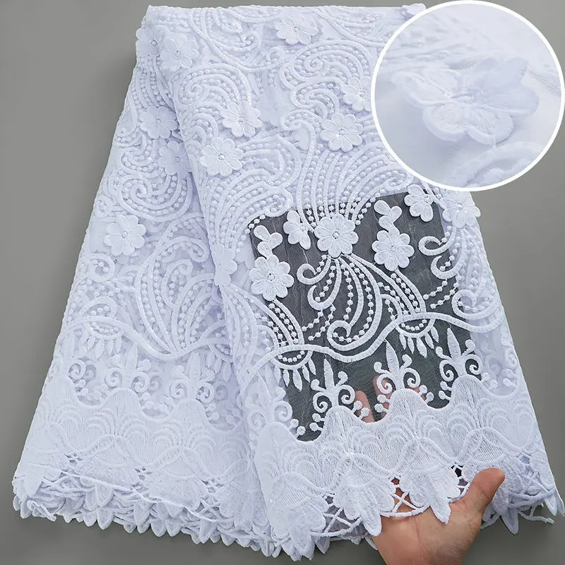 3038 Putih Renda Tulle Pengantin Halloween Grosir Sutra Susu Afrika Mewah 3D Bunga Kain Renda dengan Payet untuk Gaun Pengantin