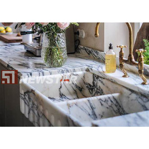 Newstar Surface solide Double évier salle de bain vanité solide marbre lavabo à <span class=keywords><strong>main</strong></span> mur suspendu pierre noir bassin - Product Image 1