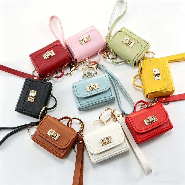 Small Leather Lock Closure Earphone Case, Portable Mini Wallet Charm, All-match Ornament for Handbags