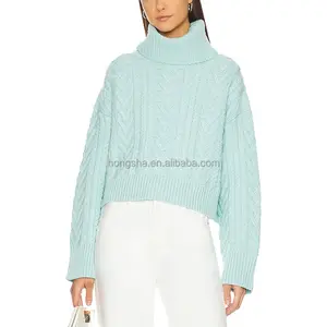 Maglione corto in lana a maniche lunghe invernale maglione lavorato a maglia a trecce da donna Casual maglione a collo alto con rifiniture a coste