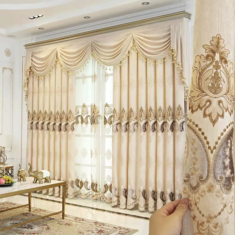 Embroidery Blackout Curtains with Attractive Valance Living Room European Luxury Sheer Curtain Fabrics