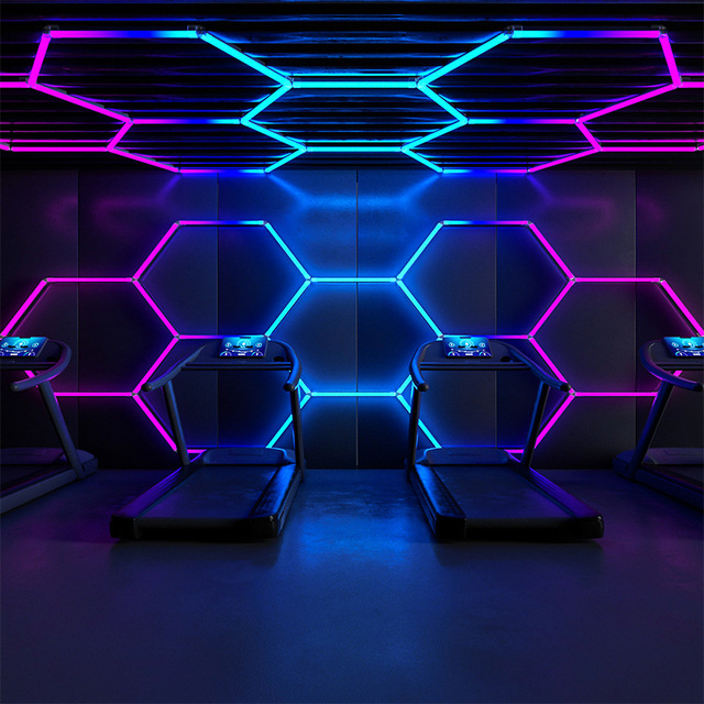 Modern RGB Hexagonal LED Garage Workshop Lamp DC24V 56W Dimmable IP55 Remote Control Honeycomb Lighting