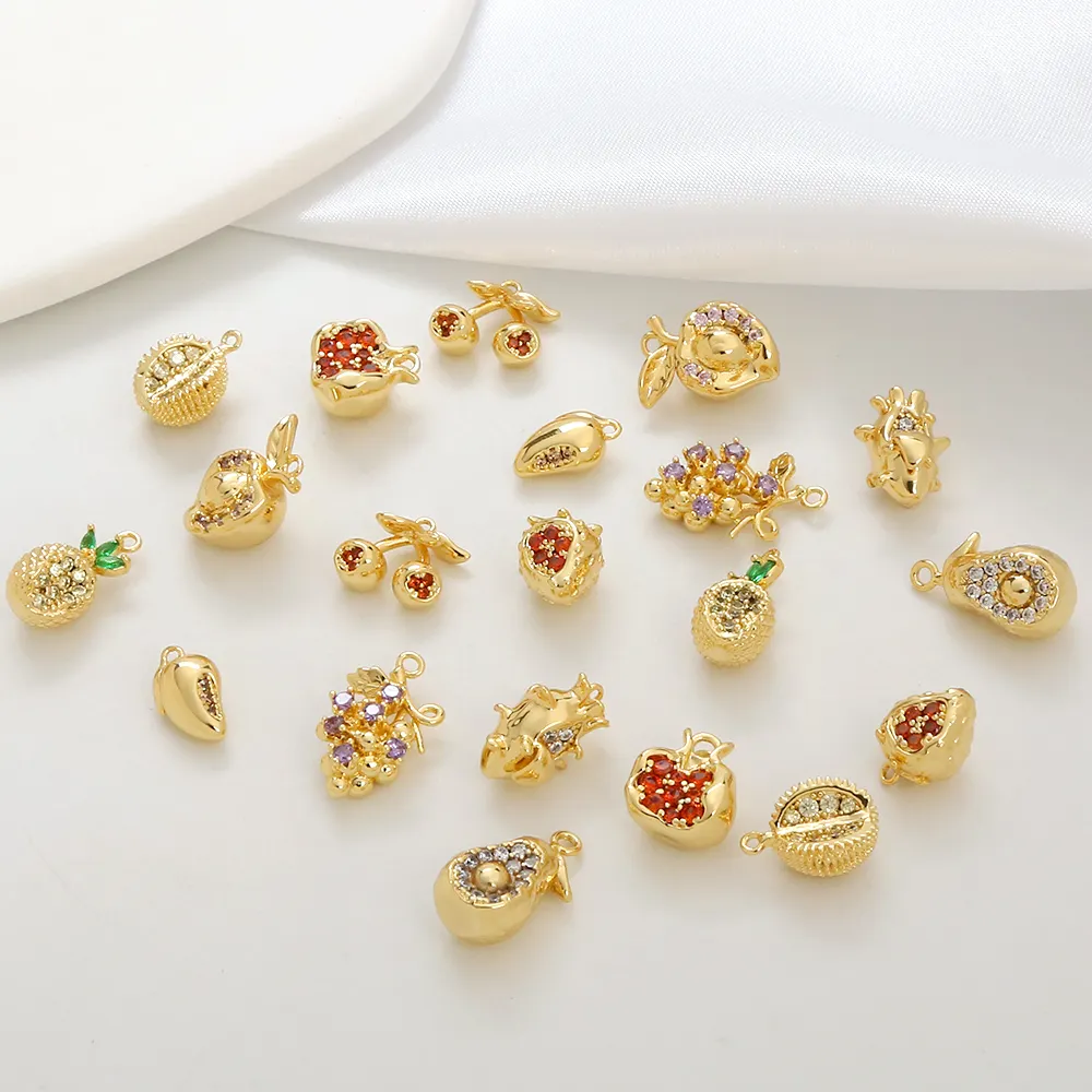 Seri Buah Liontin untuk Membuat Perhiasan Ceri Nanas Liontin Berlapis Emas Kuningan Zirkon Liontin