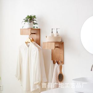 Wooden <b>Wall</b> <b>Mounted</b> Storage Rack Coat Hanger Key Holder Flower <b>Shelf</b> Multifunctional Entryway Organizer Natural Wood Color - Product Image 3
