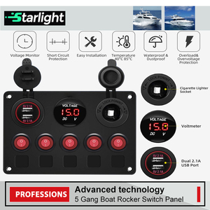 Panel de interruptores marinos de 5 posiciones, precableado, con voltímetro y puerto de carga USB dual de 4.2A, IP65, para pontón, yate, RV, camión - Product Image 2